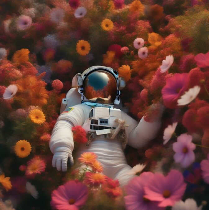 Astronaut im Blumenfeld - generiert mit Midjourney