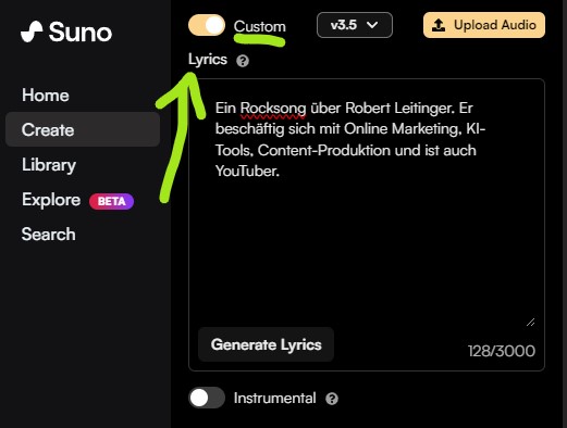 Songtexte anpassen im Custom Modus