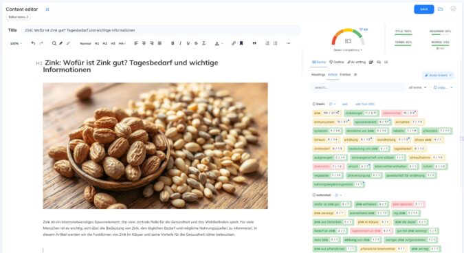 NeuronWriter Content Editor mit NLPs