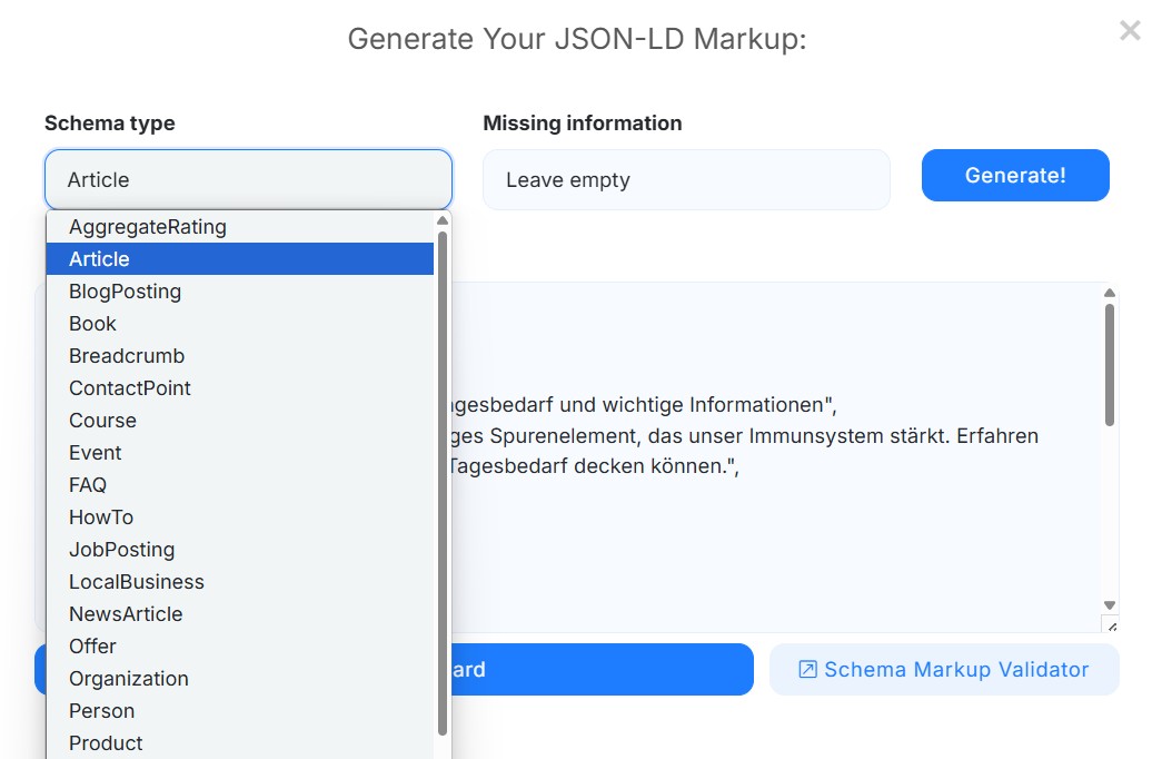 Schema Markup Generator in NeuronWriter