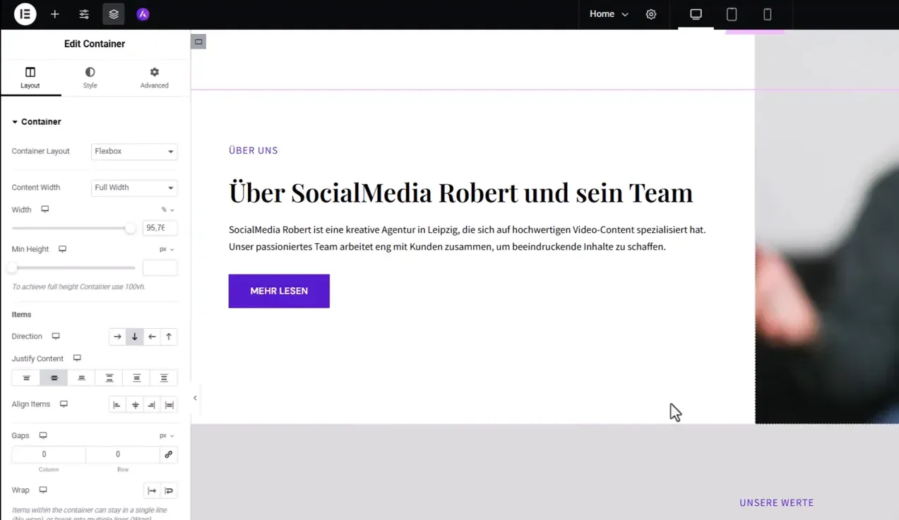 Elementor Editor zur Bearbeitung der Webseite