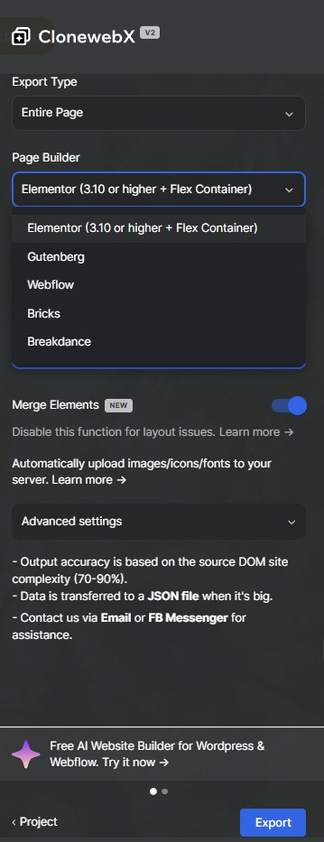 Einstellungen von ClonewebX