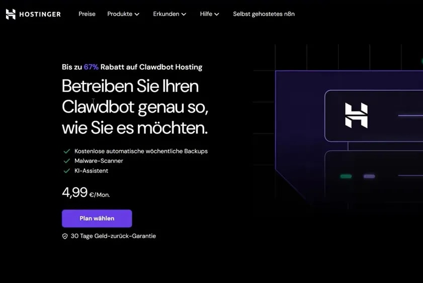 Hostinger Webseite mit Clawdbot VPS-Angebot und Sprecher leicht eingeblendet
