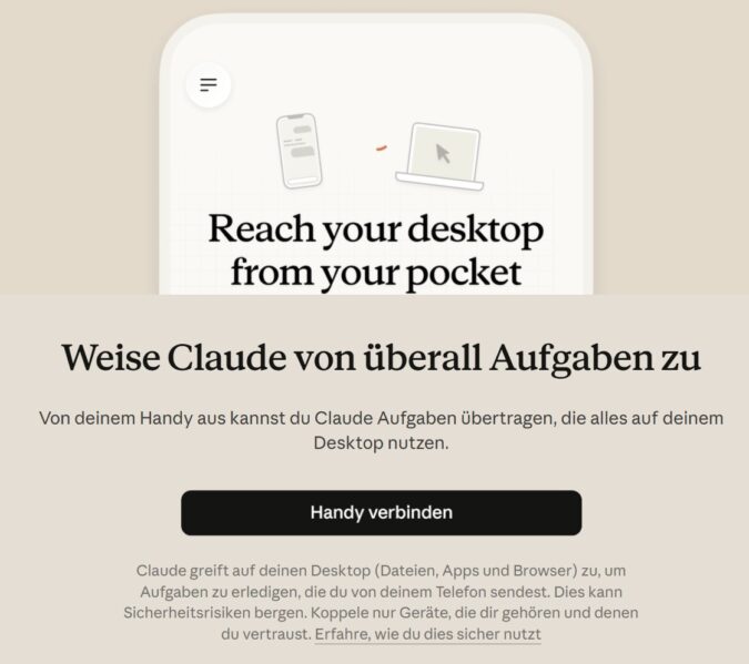 Claude Desktop Cowork mit dem Smartphone verbinden.