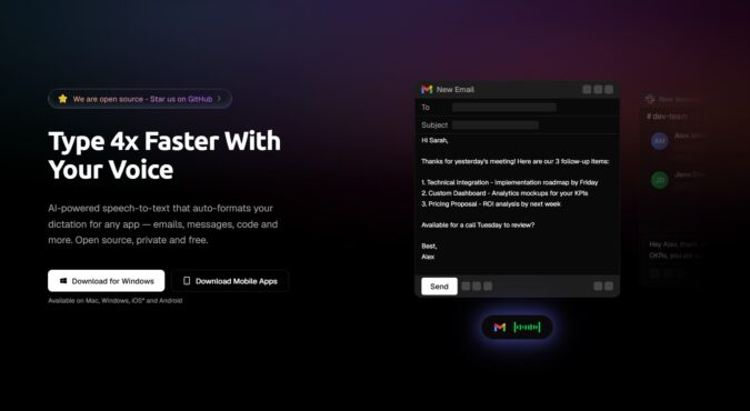 Startseite der Diktier-App Amical mit dem Slogan Type 4x Faster With Your Voice
