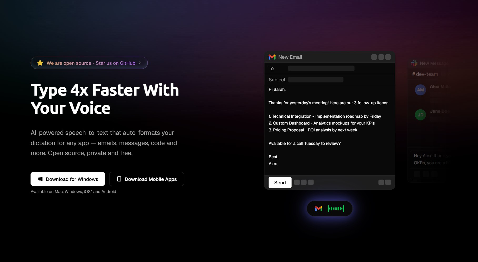 Startseite der Diktier-App Amical mit dem Slogan Type 4x Faster With Your Voice