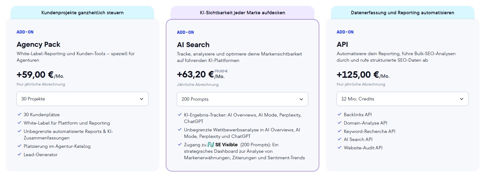 SE Ranking Add-on Preise 2026 - Agency Pack, AI Search und API