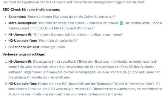 Ergebnis des SEO-Checks mit Seitentitel, Meta-Description, Überschriften und Vorschlägen