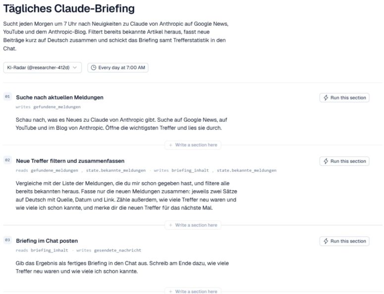 Workflow für ein tägliches Briefing, in normalem Deutsch geschrieben
